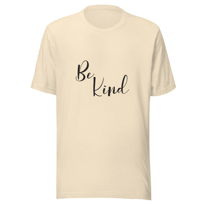 Heather natural unisex short sleeve t-shirt that says 'Be Kind'.