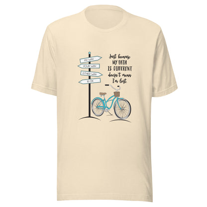 Heather natural unisex short sleeve t-shirt that says 'Just becaue my path is different doesn't mean I'm lost with a bicycle and street signs that say my way your way either way is ok.