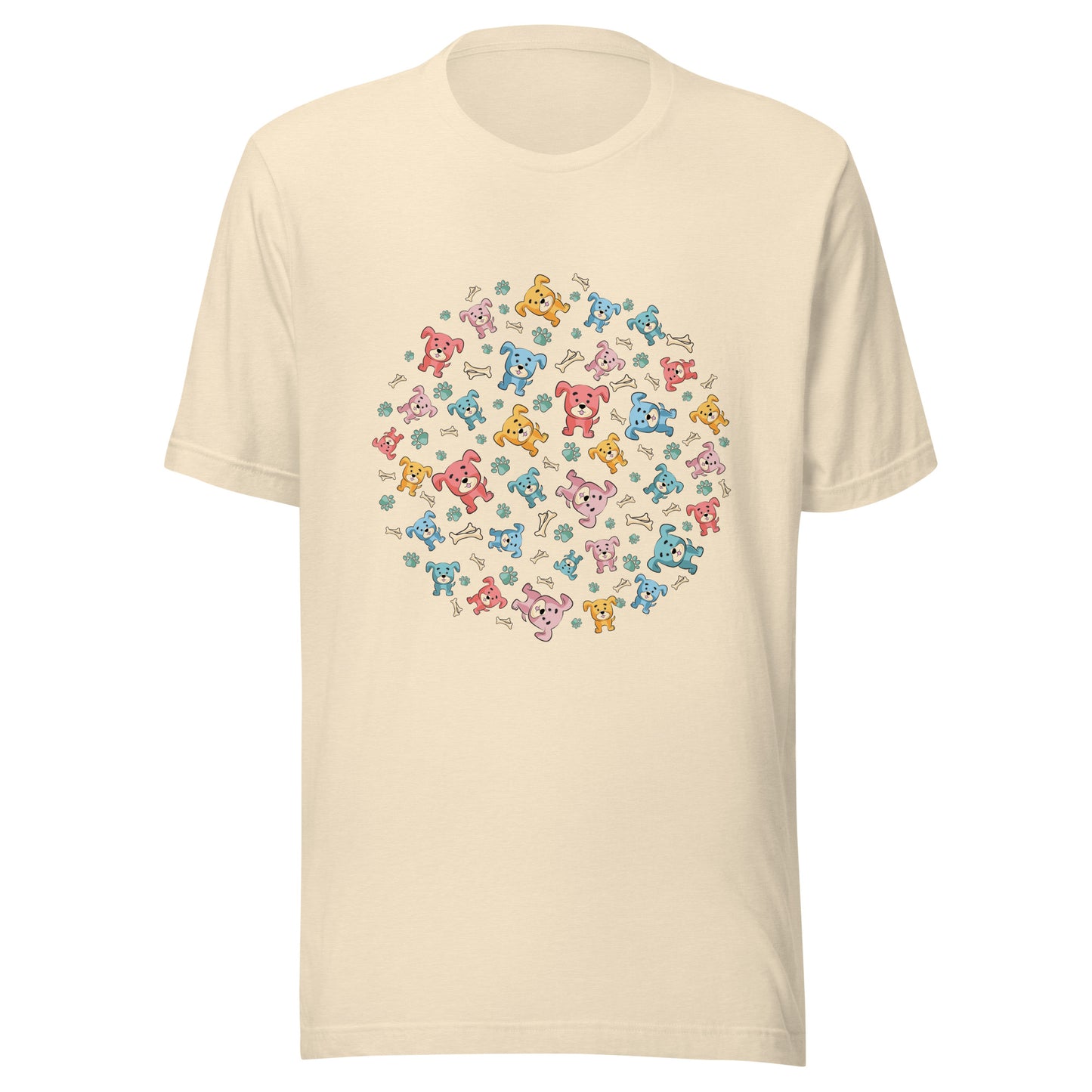 Heather natural unisex short sleeve t-shirt with multi-colored cartoon puppies in a circle with paws and bones.