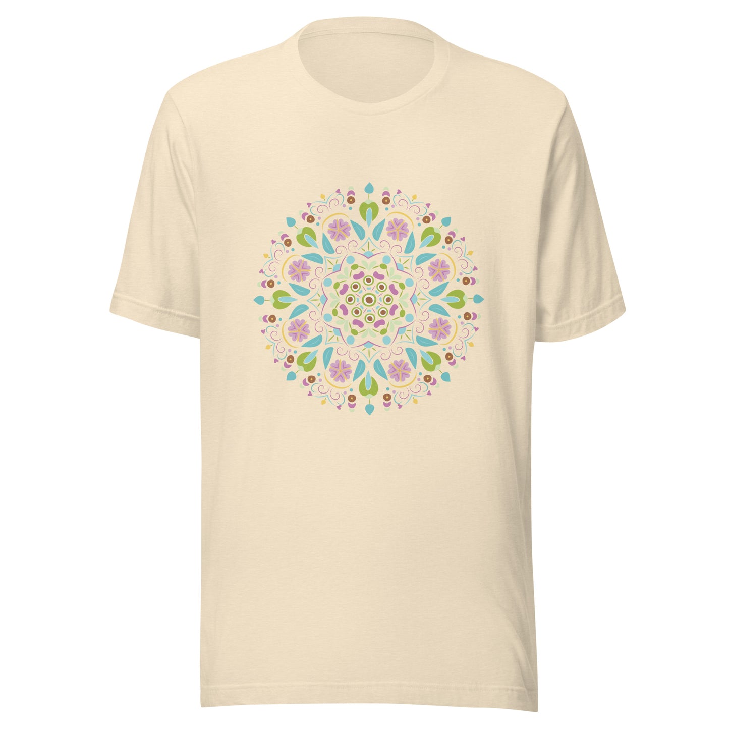 Heather natural unisex short sleeve  t-shirt with a Scandanavian style mandala multi-colored.