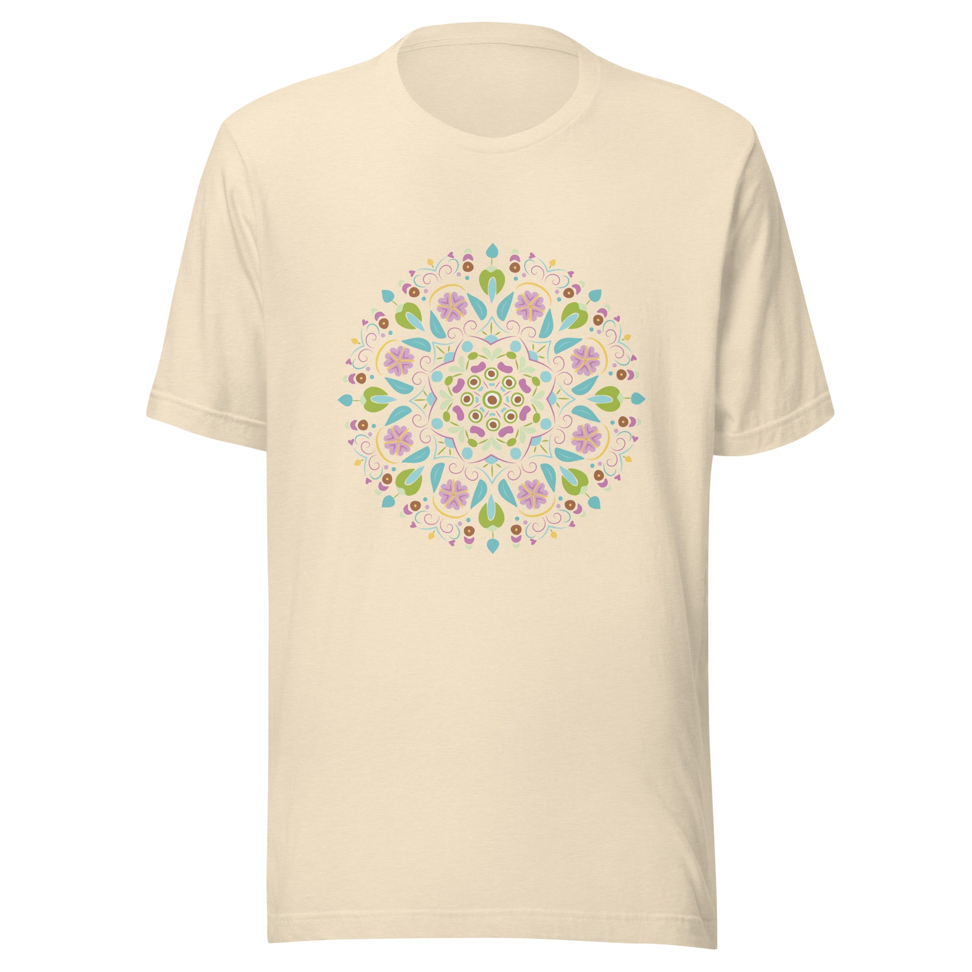 Heather natural unisex short sleeve  t-shirt with a Scandanavian style mandala multi-colored.