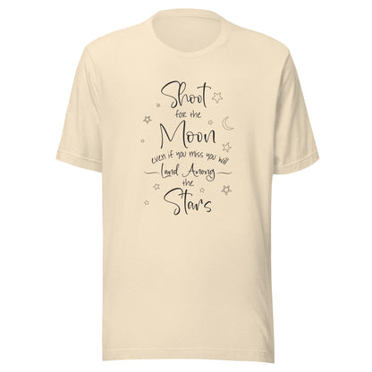 Heather natural unisex t-shirt that says 'Shoot for the moon even if you miss you will land among the stars' with a moon and scattered stars.