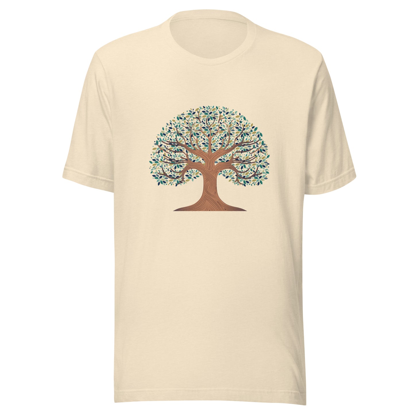 Heather natural unisex t-shirt with a tree of life with colorful leaves. 