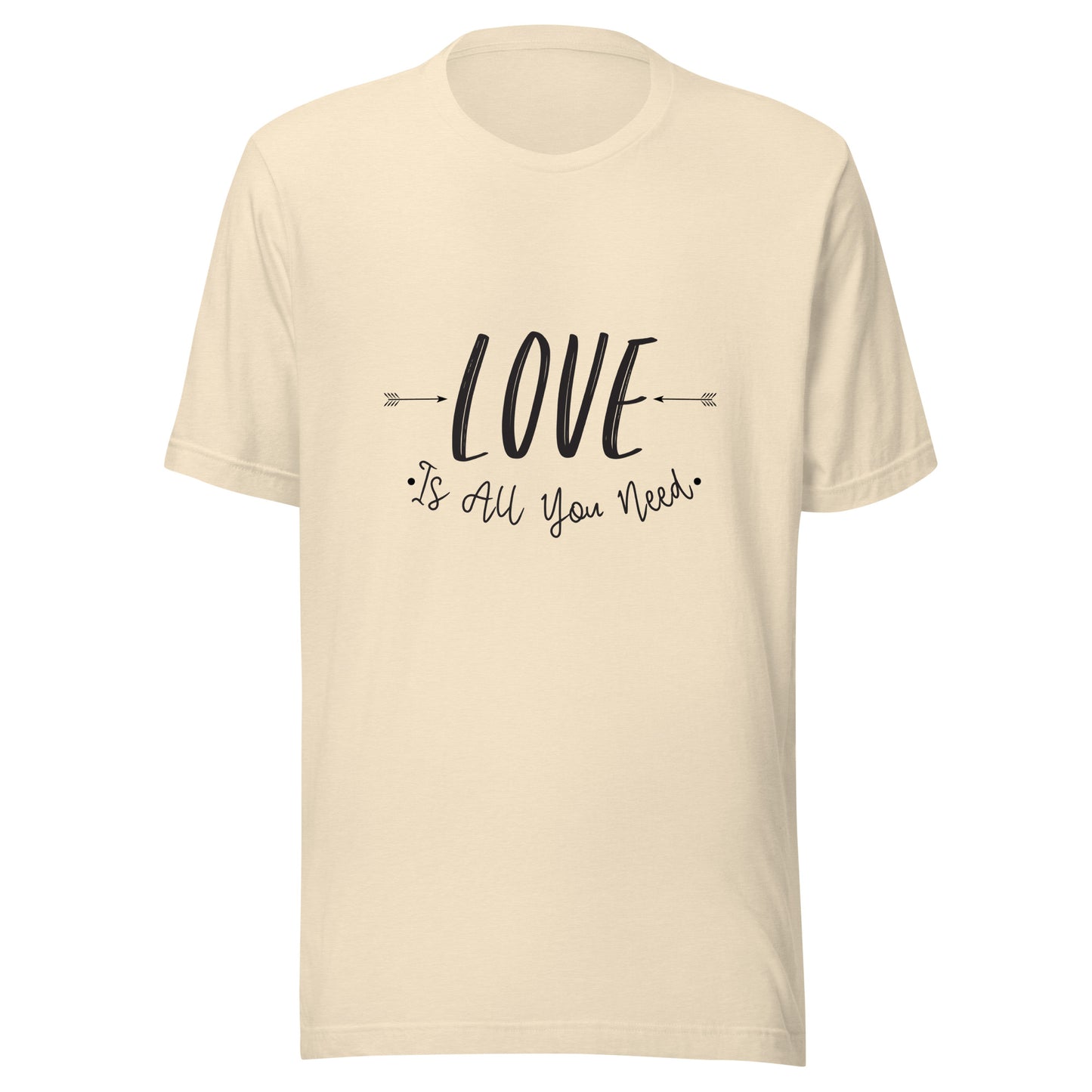 Heather natural unisex t-shirt that says 'Love is all you need' with two arrows pointing at the word love. 
