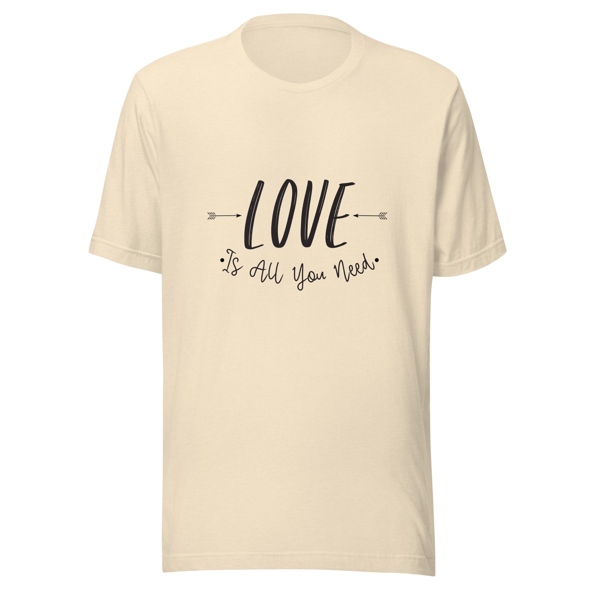 Heather natural unisex t-shirt that says 'Love is all you need' with two arrows pointing at the word love. 