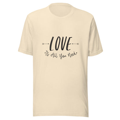 Heather natural unisex t-shirt that says 'Love is all you need' with two arrows pointing at the word love. 