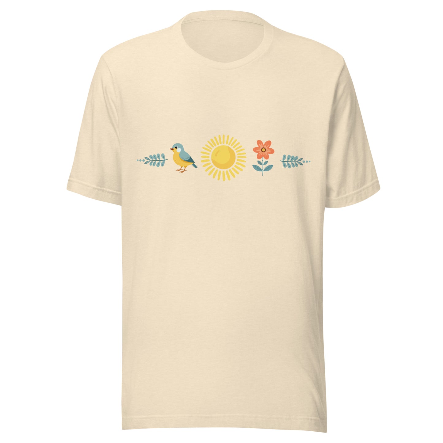 Heather natural unisex t-shirt with a sun in the middle with a bird on one side and a flower on the other.