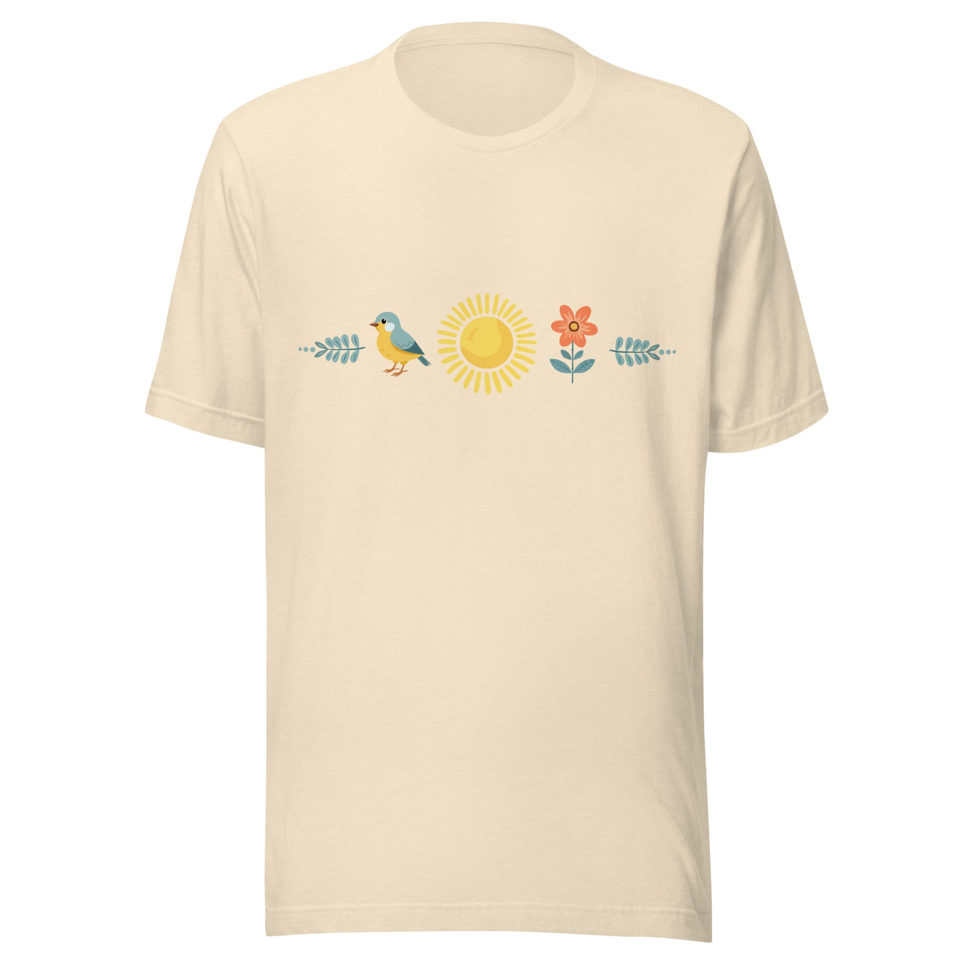 Heather natural unisex t-shirt with a sun in the middle with a bird on one side and a flower on the other.