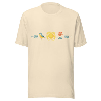 Heather natural unisex t-shirt with a sun in the middle with a bird on one side and a flower on the other.