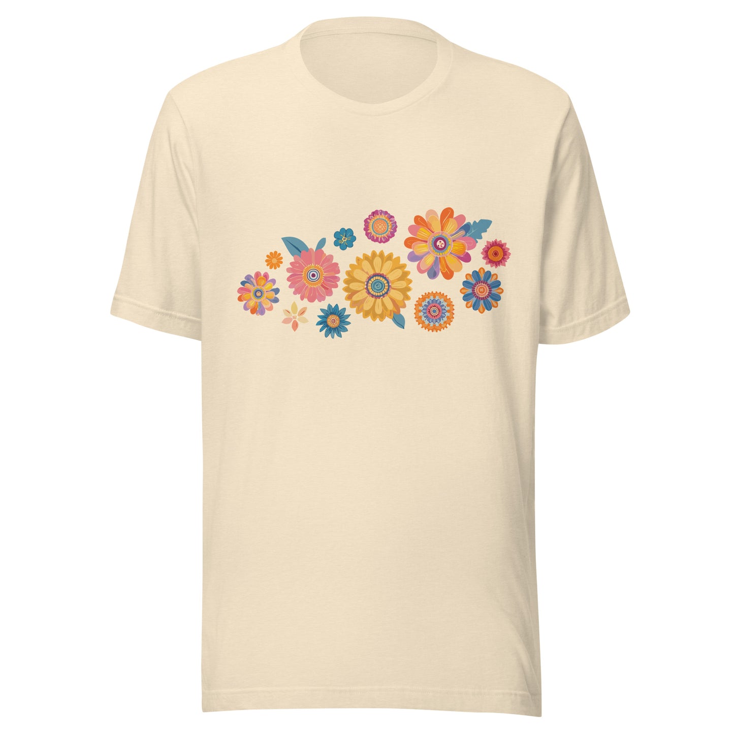 Heather natural short sleeve unisex t-shirt with groovy retro flowers tossed on the front. 