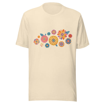 Heather natural short sleeve unisex t-shirt with groovy retro flowers tossed on the front. 