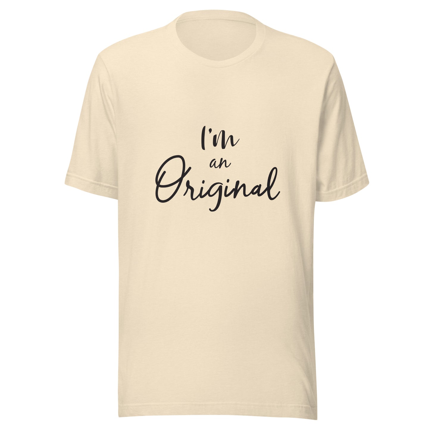 Heather natural unisex short sleeve t-shirt that states 'I'm an Original'.