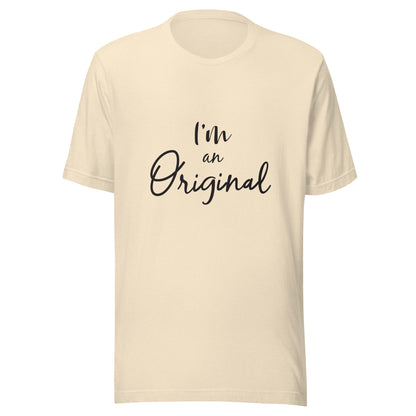 Heather natural unisex short sleeve t-shirt that states 'I'm an Original'.