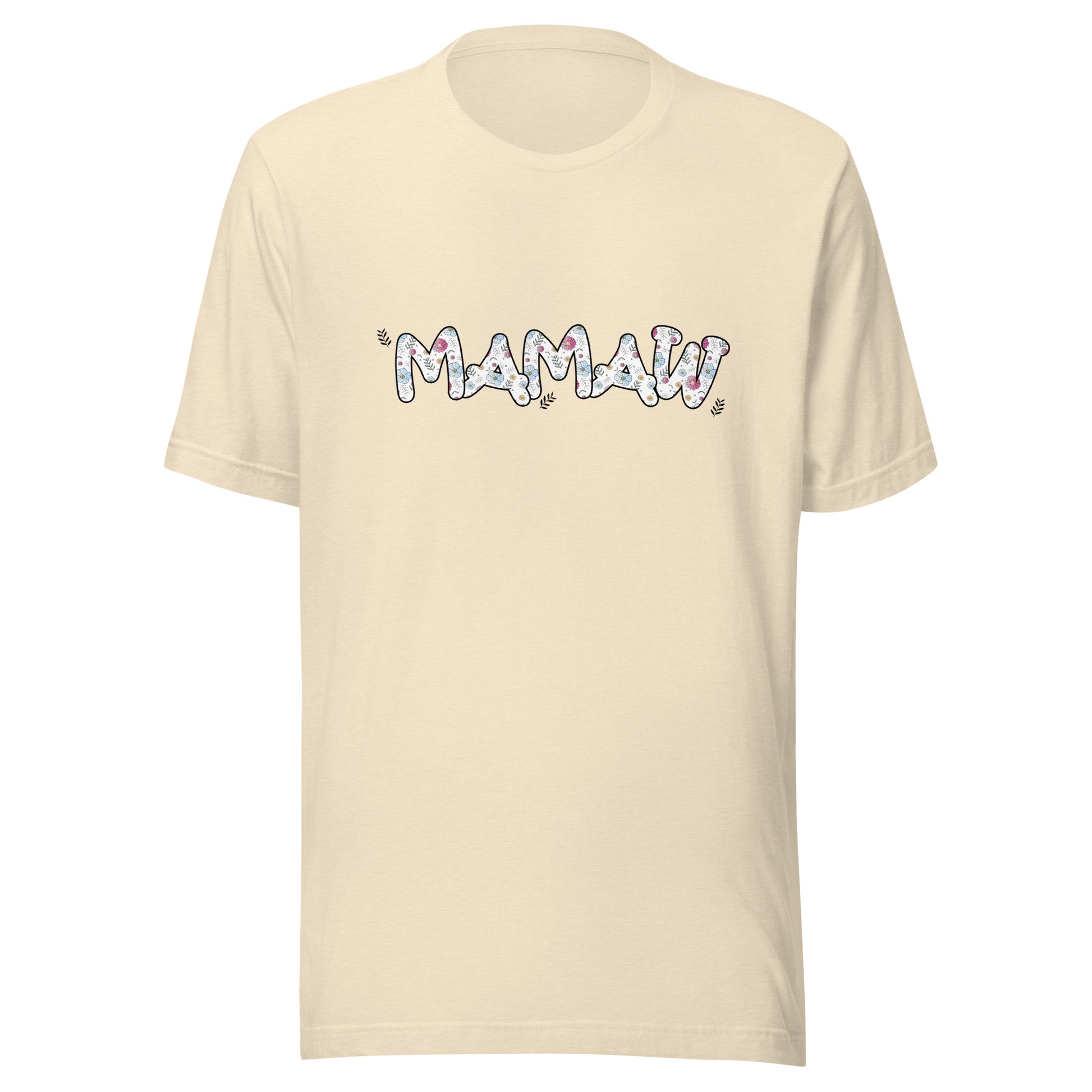 Heather natural short sleeve unisex t-shirt that says Mamaw on the front written in cute font with flowers inside each letter. 