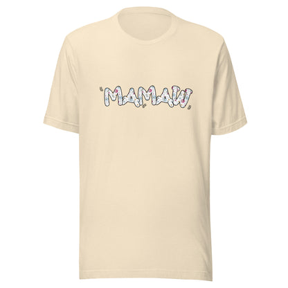 Heather natural short sleeve unisex t-shirt that says Mamaw on the front written in cute font with flowers inside each letter. 
