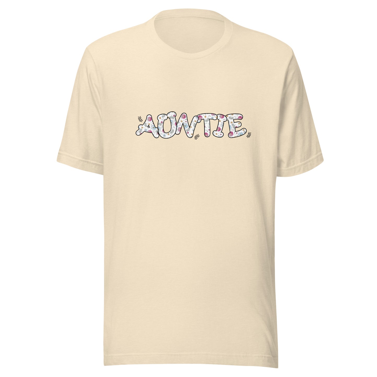 Heather natural short sleeve unisex t-shirt that says Auntie on the front written in cute font with flowers inside each letter. 
