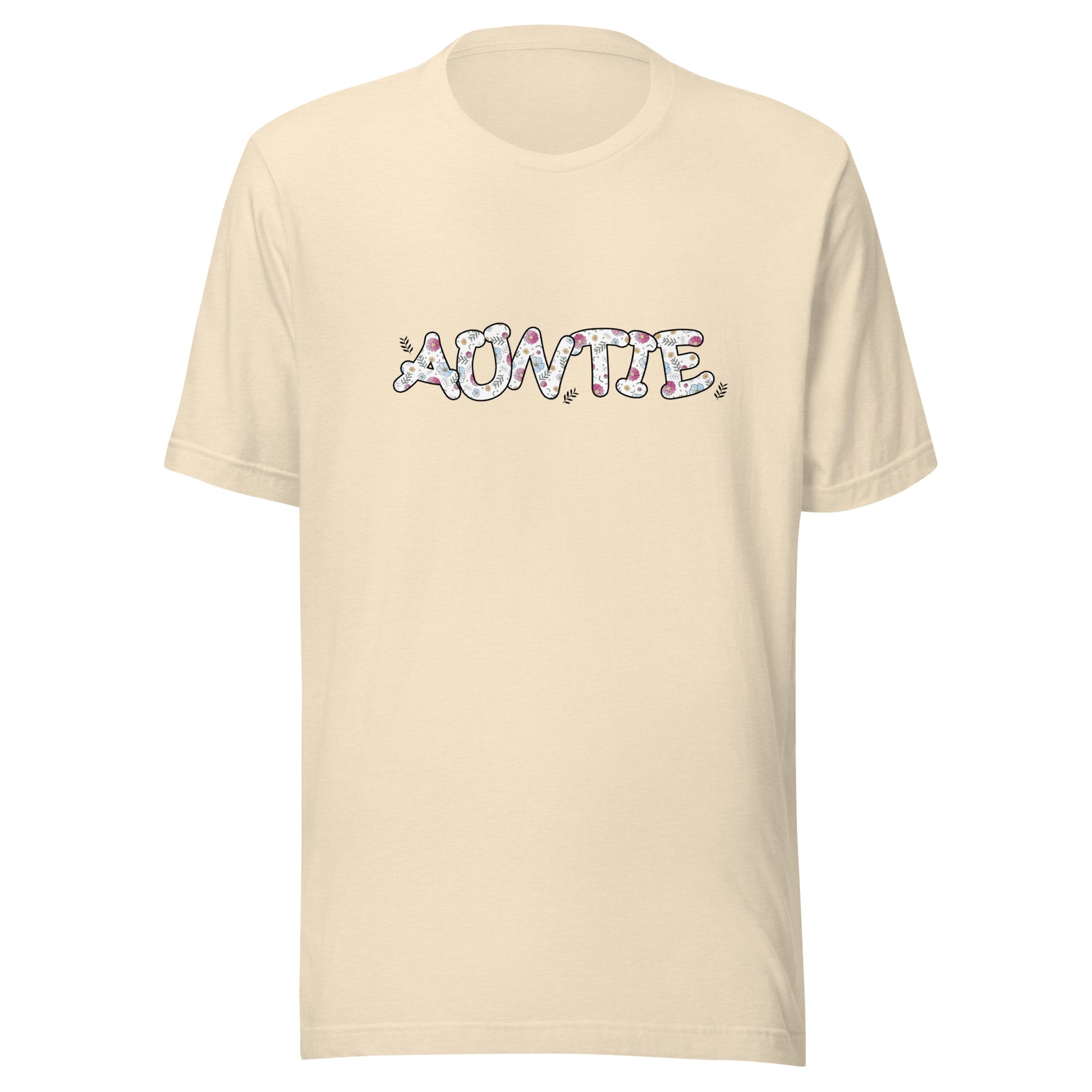 Heather natural short sleeve unisex t-shirt that says Auntie on the front written in cute font with flowers inside each letter. 