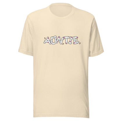 Heather natural short sleeve unisex t-shirt that says Auntie on the front written in cute font with flowers inside each letter. 
