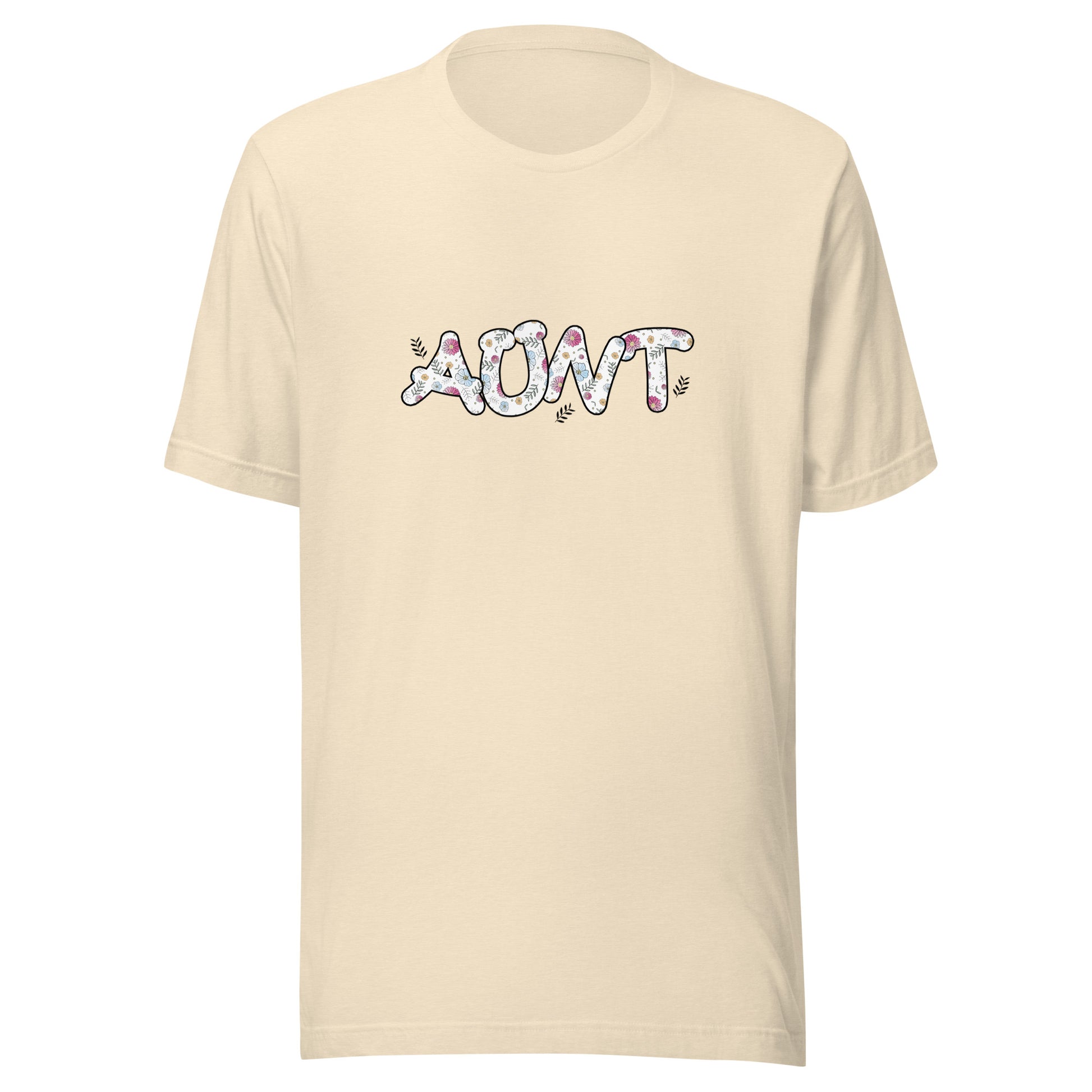 Heather Natural short sleeve unisex t-shirt that says Aunt on the front written in cute font with flowers inside each letter. 