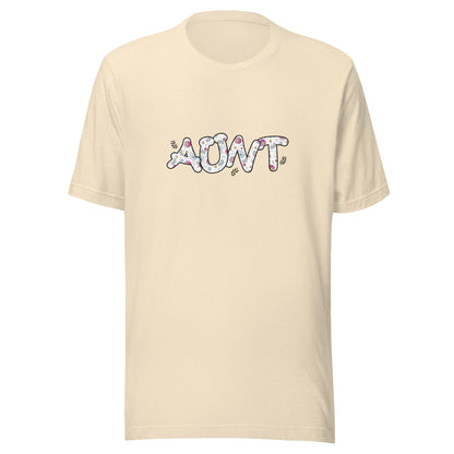 Heather Natural short sleeve unisex t-shirt that says Aunt on the front written in cute font with flowers inside each letter. 
