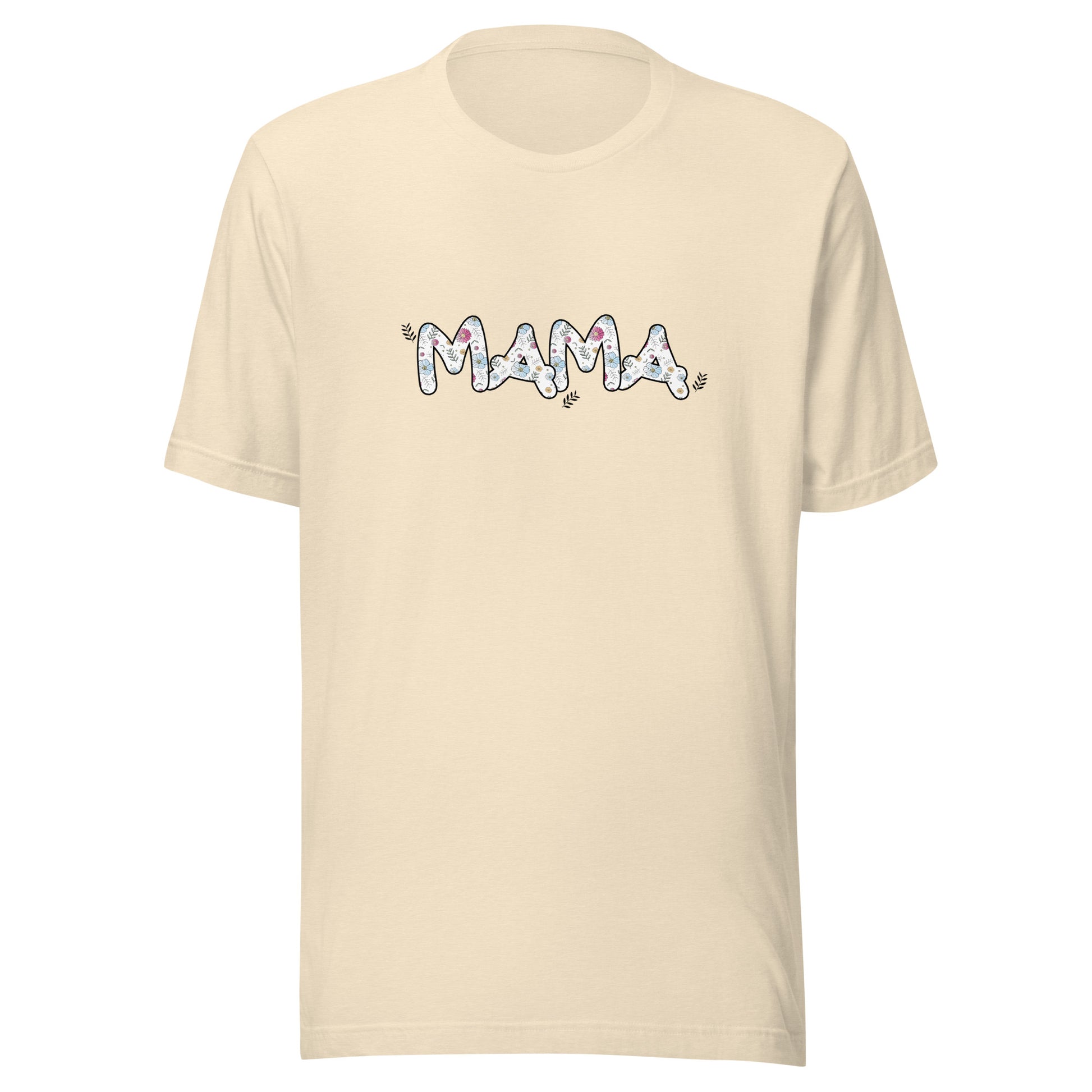 Heather natural short sleeve unisex t-shirt that says Mama on the front written in cute font with flowers inside each letter. 