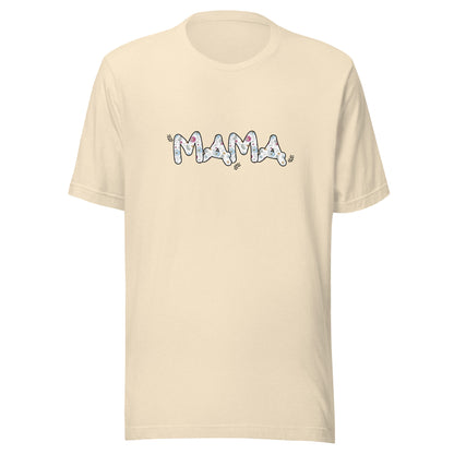 Heather natural short sleeve unisex t-shirt that says Mama on the front written in cute font with flowers inside each letter. 