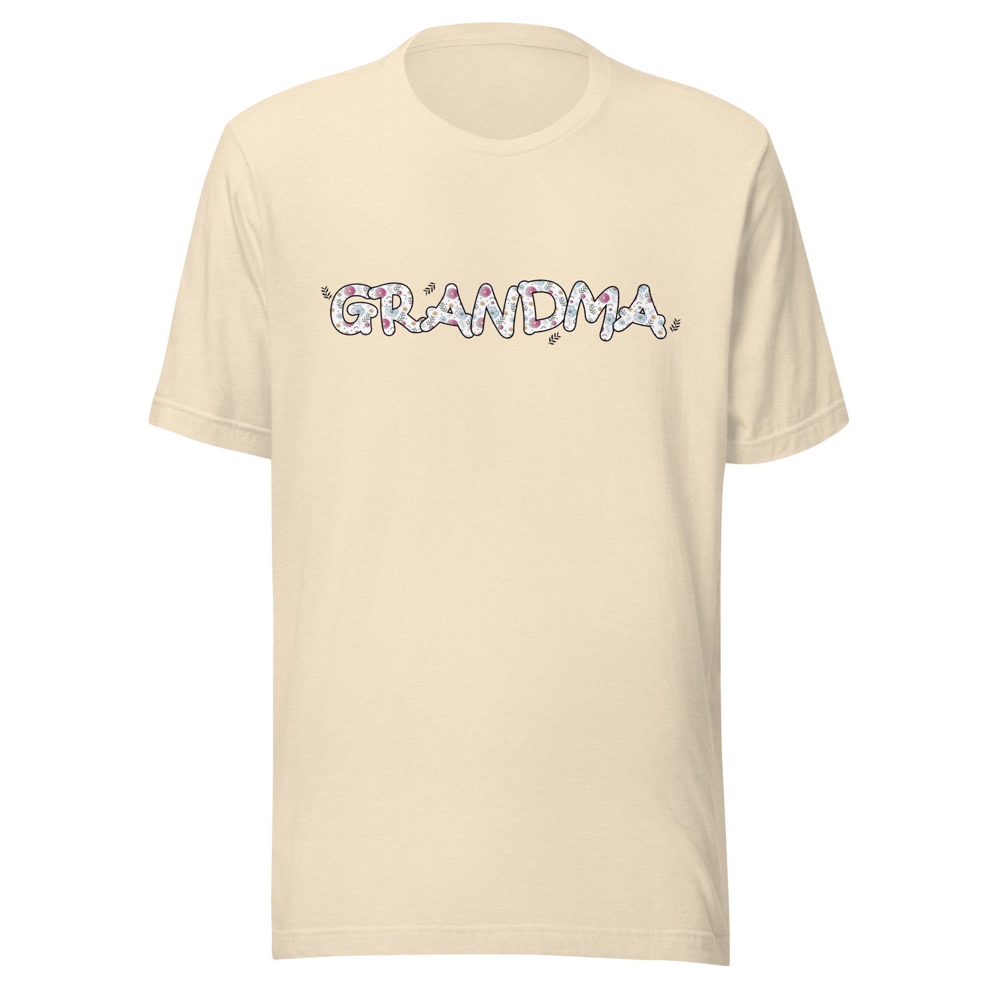 Heather natural short sleeve unisex t-shirt that says Grandma on the front written in cute font with flowers inside each letter. 