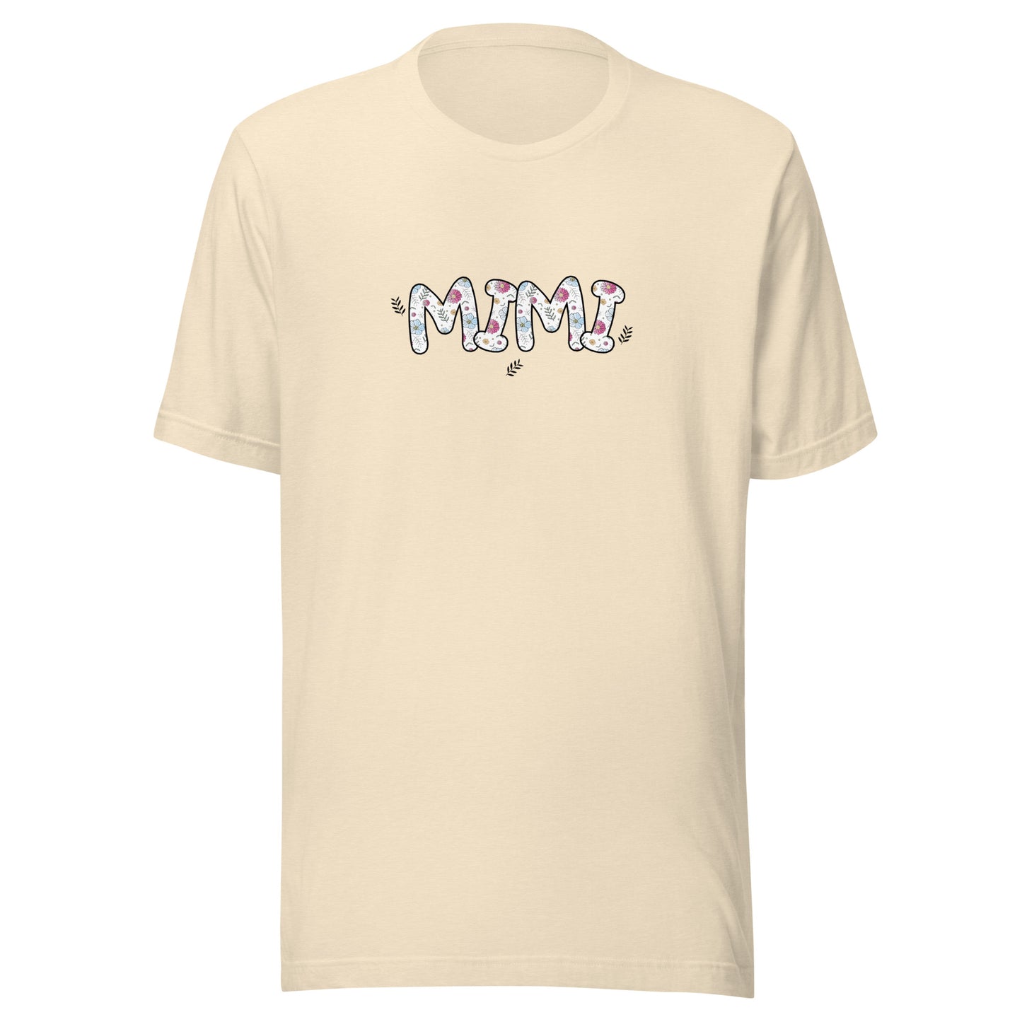 Heather natural short sleeve unisex t-shirt that says Mimi on the front written in cute font with flowers inside each letter. 