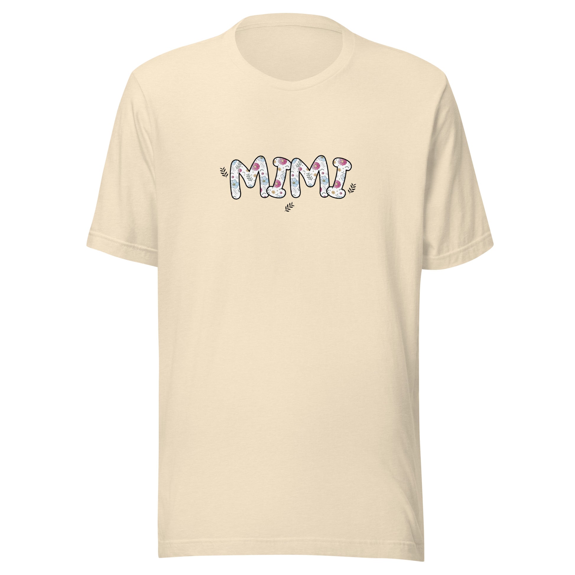 Heather natural short sleeve unisex t-shirt that says Mimi on the front written in cute font with flowers inside each letter. 