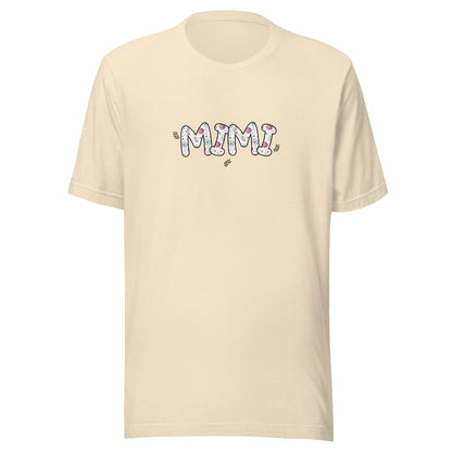 Heather natural short sleeve unisex t-shirt that says Mimi on the front written in cute font with flowers inside each letter. 