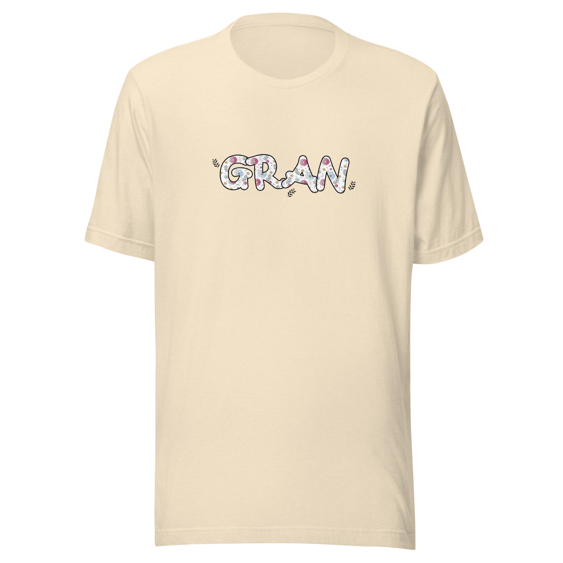 Heather natural short sleeve unisex t-shirt that says Gran on the front written in cute font with flowers inside each letter. 