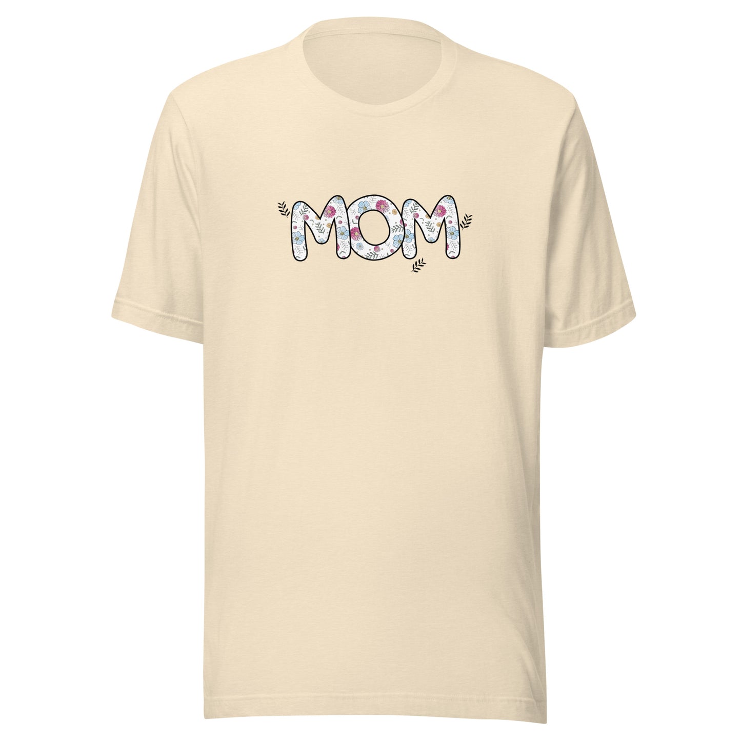 Heather natural short sleeve unisex t-shirt that says Mom on the front written in cute font with flowers inside each letter. 