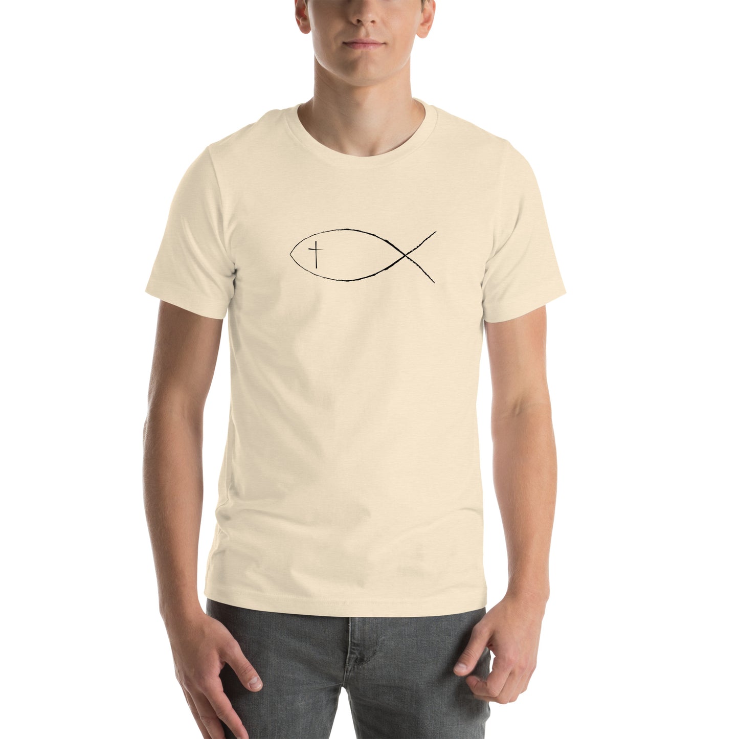 Heather Cream Unisex short sleeve t-shirt with Christan fish and cross. 
