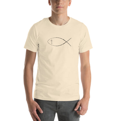 Heather Cream Unisex short sleeve t-shirt with Christan fish and cross. 