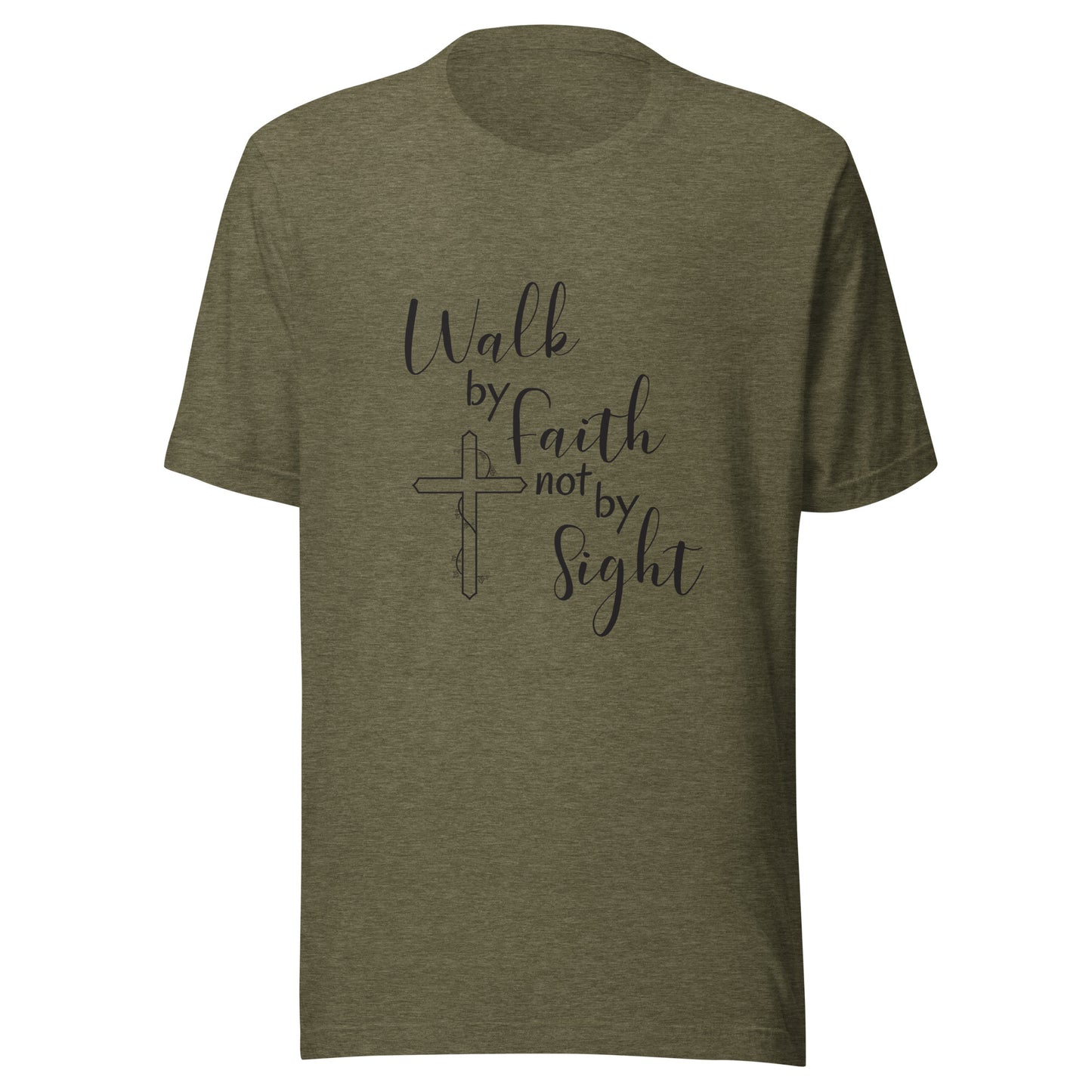 Olive unisex short sleeve t-shirt that says Walk by faith not by sight and has a cross with ivy. 