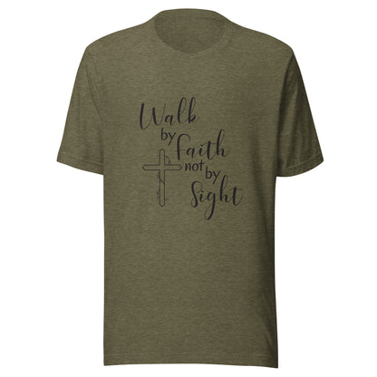 Olive unisex short sleeve t-shirt that says Walk by faith not by sight and has a cross with ivy. 