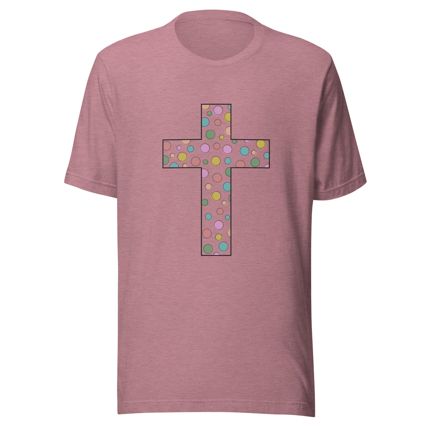 Heather orchid unisex short sleeve t-shirt that has a multi-colored polka dot cute cross on the front. 