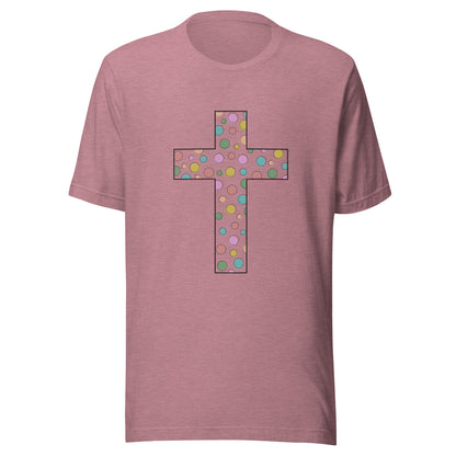 Heather orchid unisex short sleeve t-shirt that has a multi-colored polka dot cute cross on the front. 