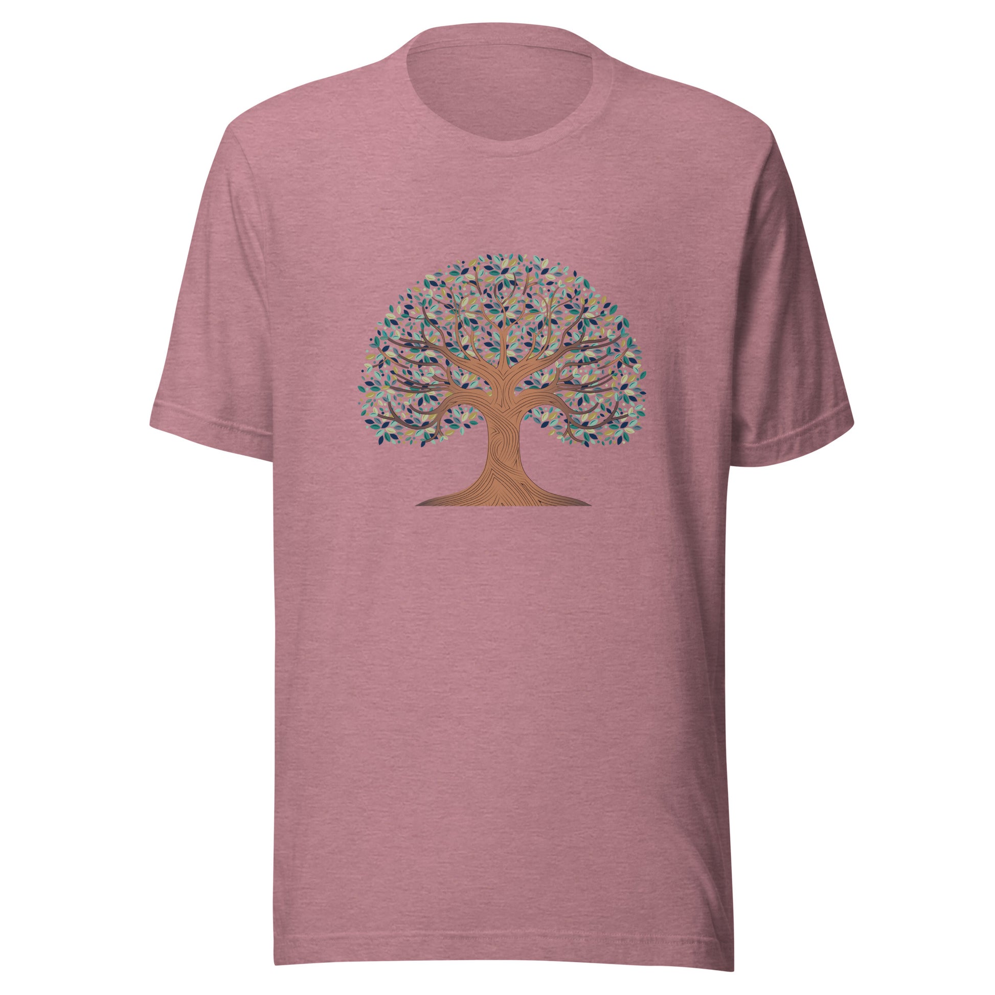 Heather orchid unisex t-shirt with a tree of life with colorful leaves. 