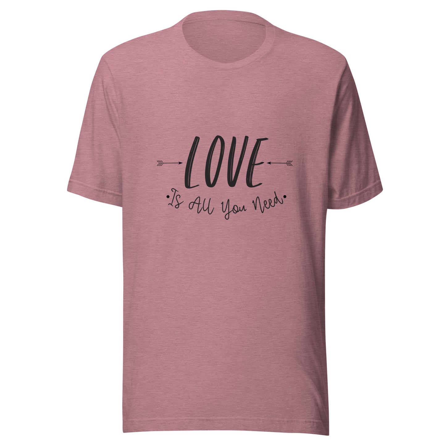 Heather orchid unisex t-shirt that says 'Love is all you need' with two arrows pointing at the word love. 