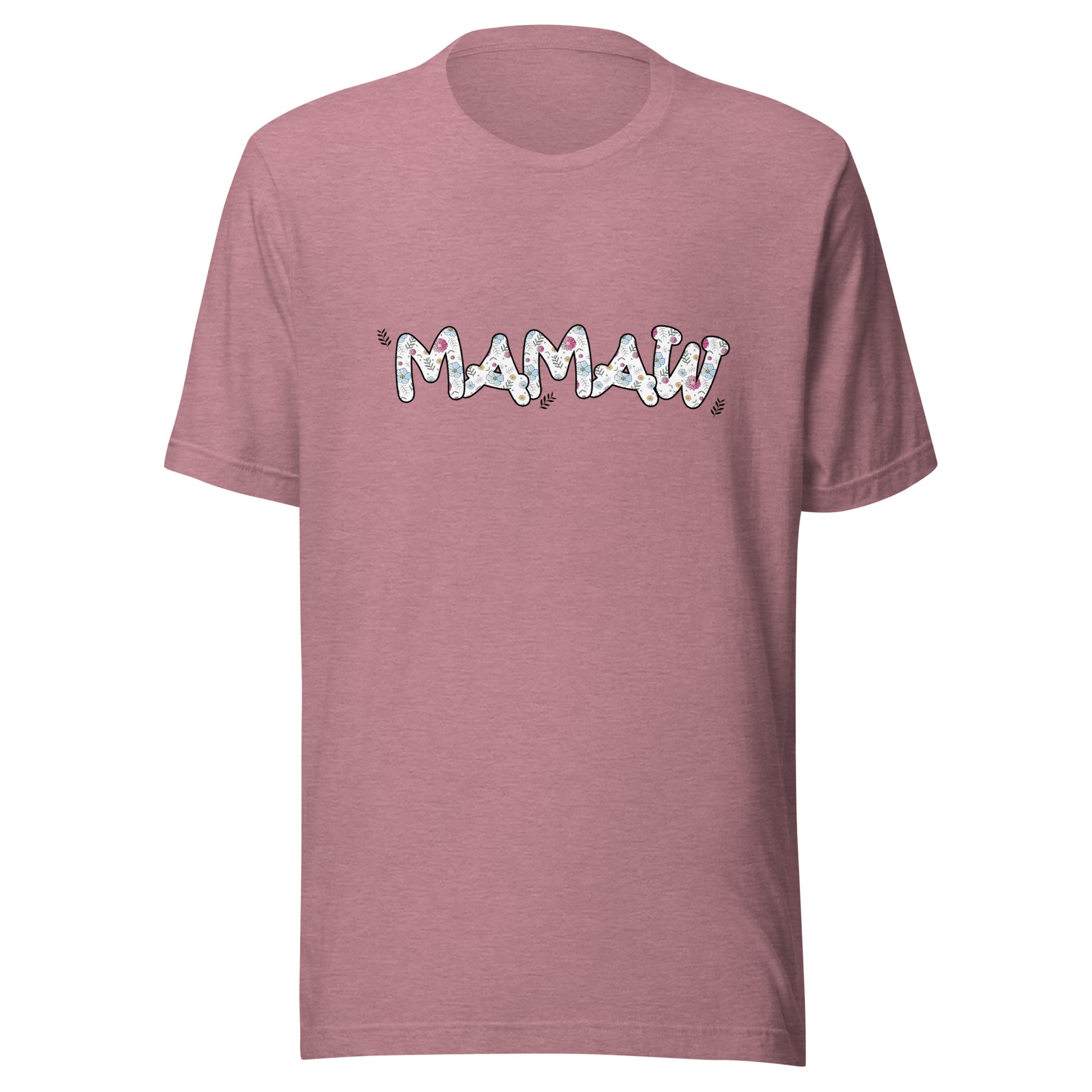 Heather orchid short sleeve unisex t-shirt that says Mamaw on the front written in cute font with flowers inside each letter. 