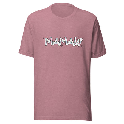 Heather orchid short sleeve unisex t-shirt that says Mamaw on the front written in cute font with flowers inside each letter. 