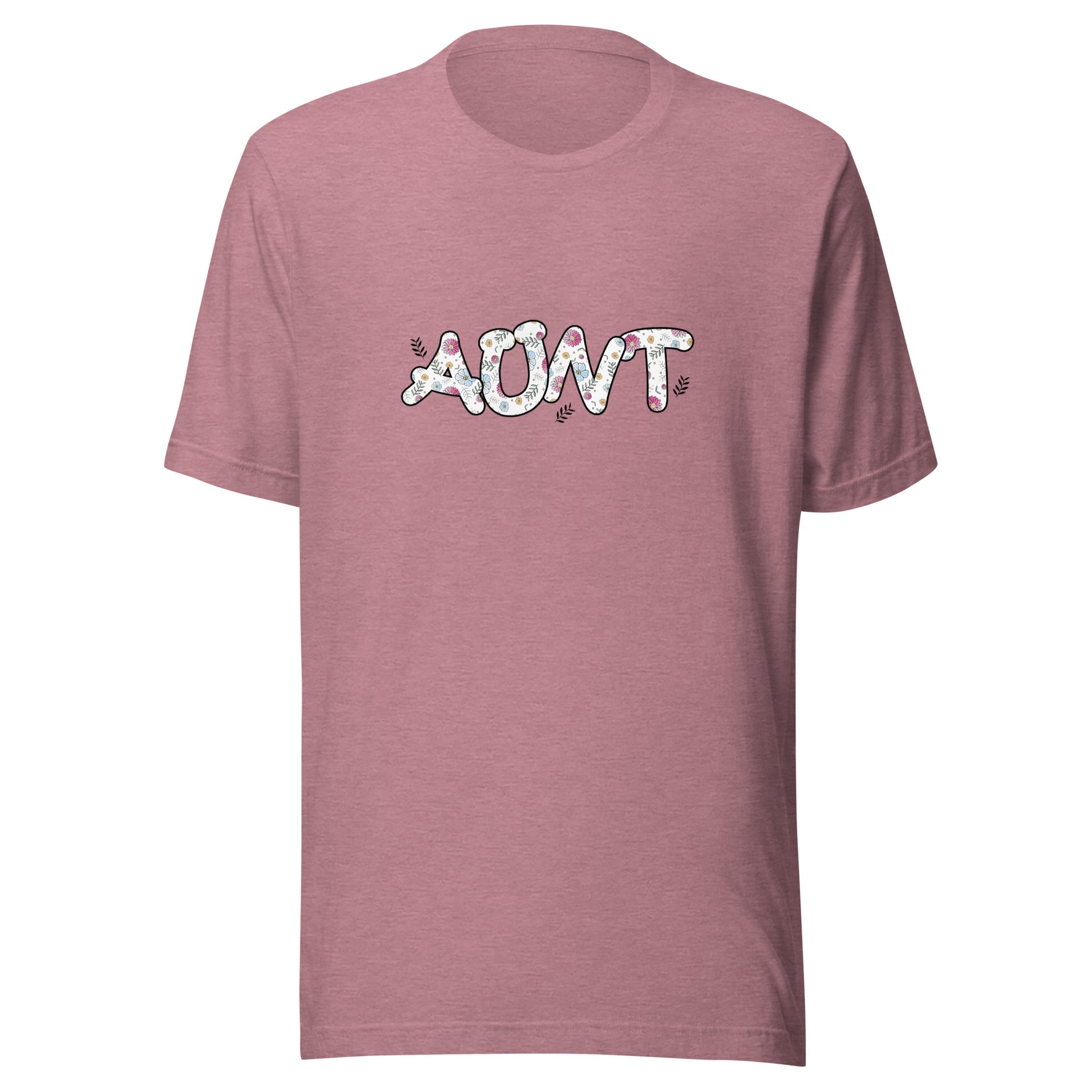 Heather orchid short sleeve unisex t-shirt that says Aunt on the front written in cute font with flowers inside each letter. 