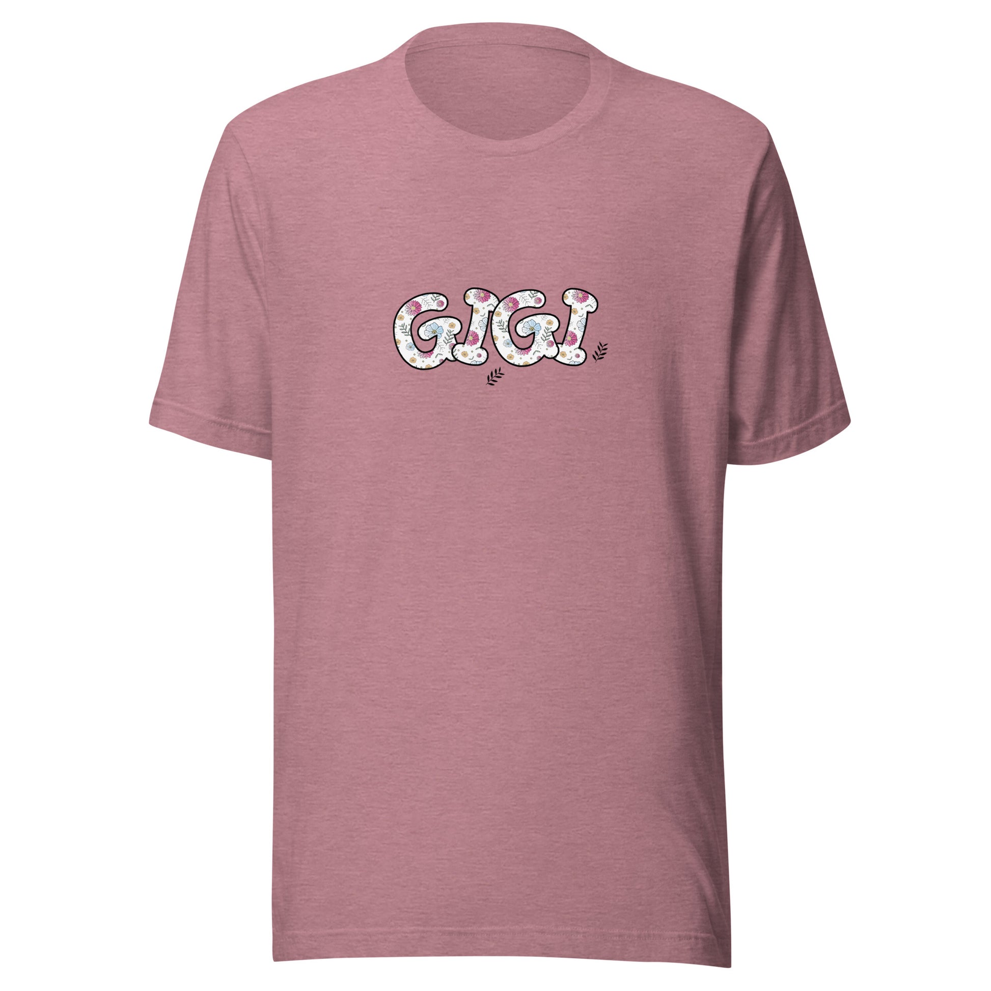 Heather orchid short sleeve unisex t-shirt that says Gigi on the front written in cute font with flowers inside each letter. 