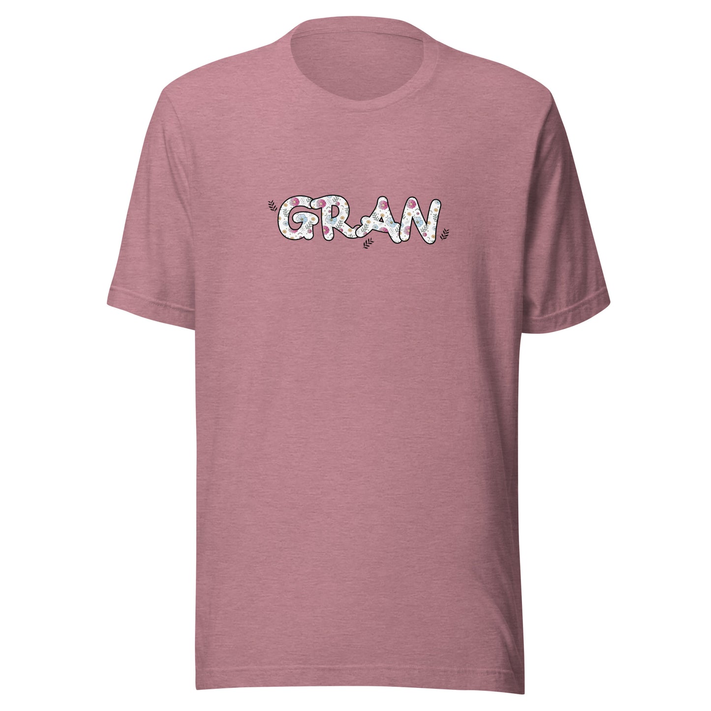 Heather orchid short sleeve unisex t-shirt that says Gran on the front written in cute font with flowers inside each letter. 