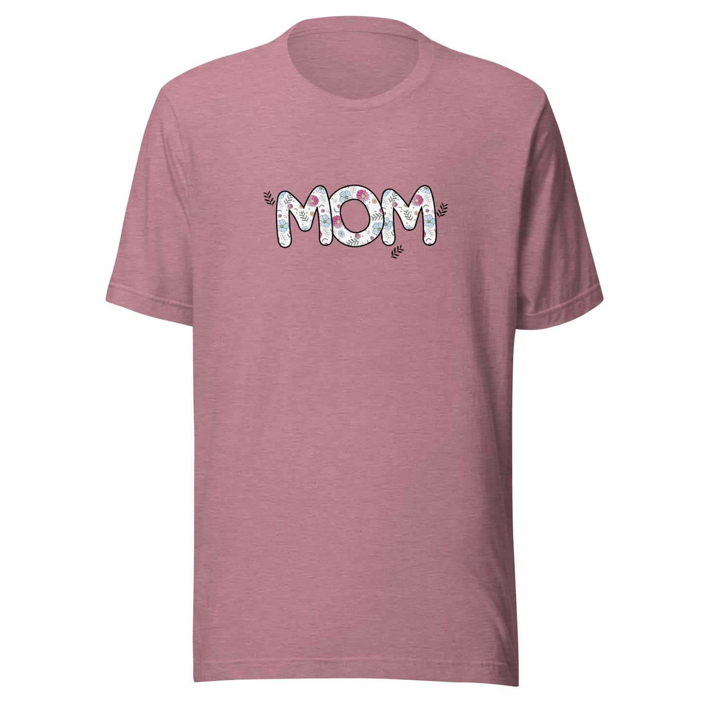 Heather orchid short sleeve unisex t-shirt that says Mom on the front written in cute font with flowers inside each letter. 
