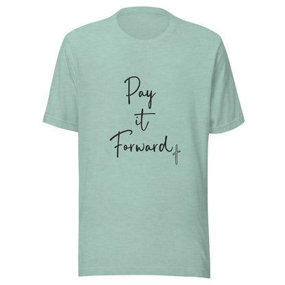 Heather dusty blue unisex short sleeve t-shirt that says Pay if Forward with a small cross.