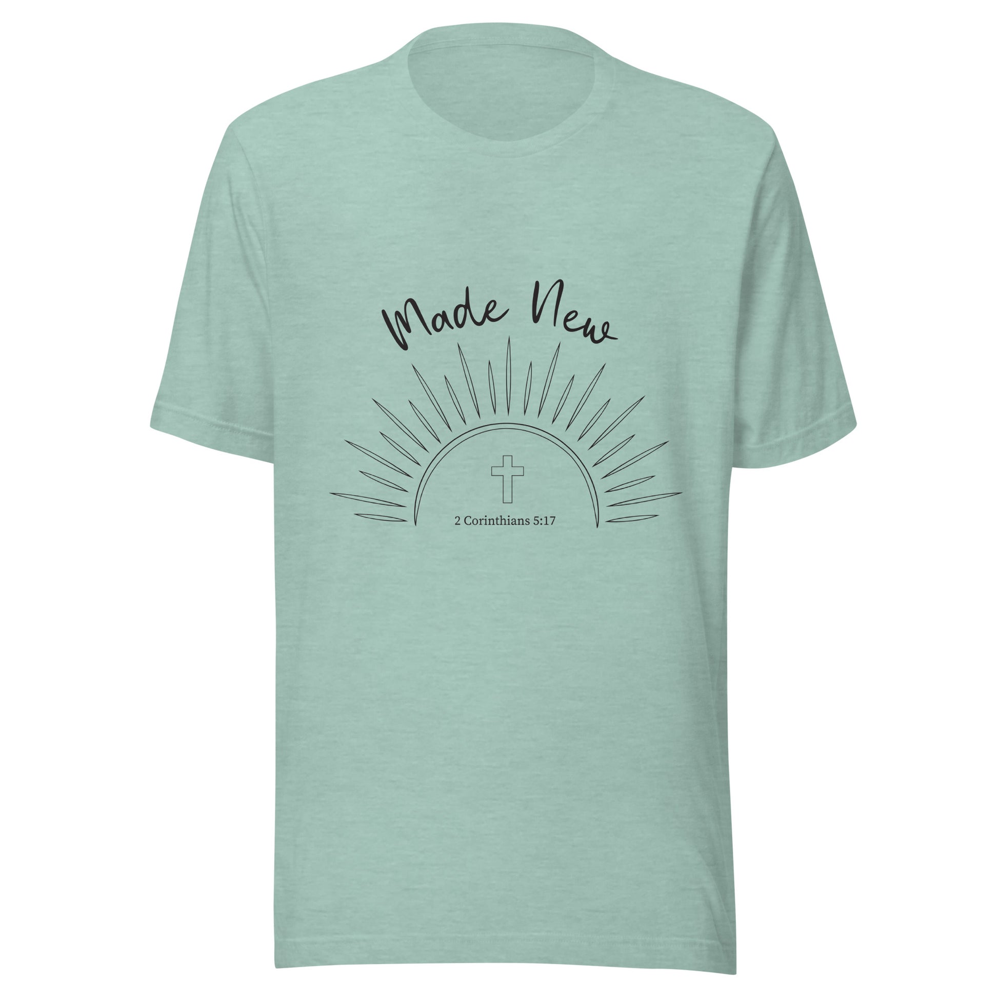 Heather prism blue short sleeve unisex t-shirt with a Sun and rays below the words 'Made New' and inside the sun is a cross and 2 Corinthians 5:17.