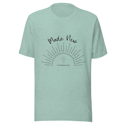 Heather prism blue short sleeve unisex t-shirt with a Sun and rays below the words 'Made New' and inside the sun is a cross and 2 Corinthians 5:17.