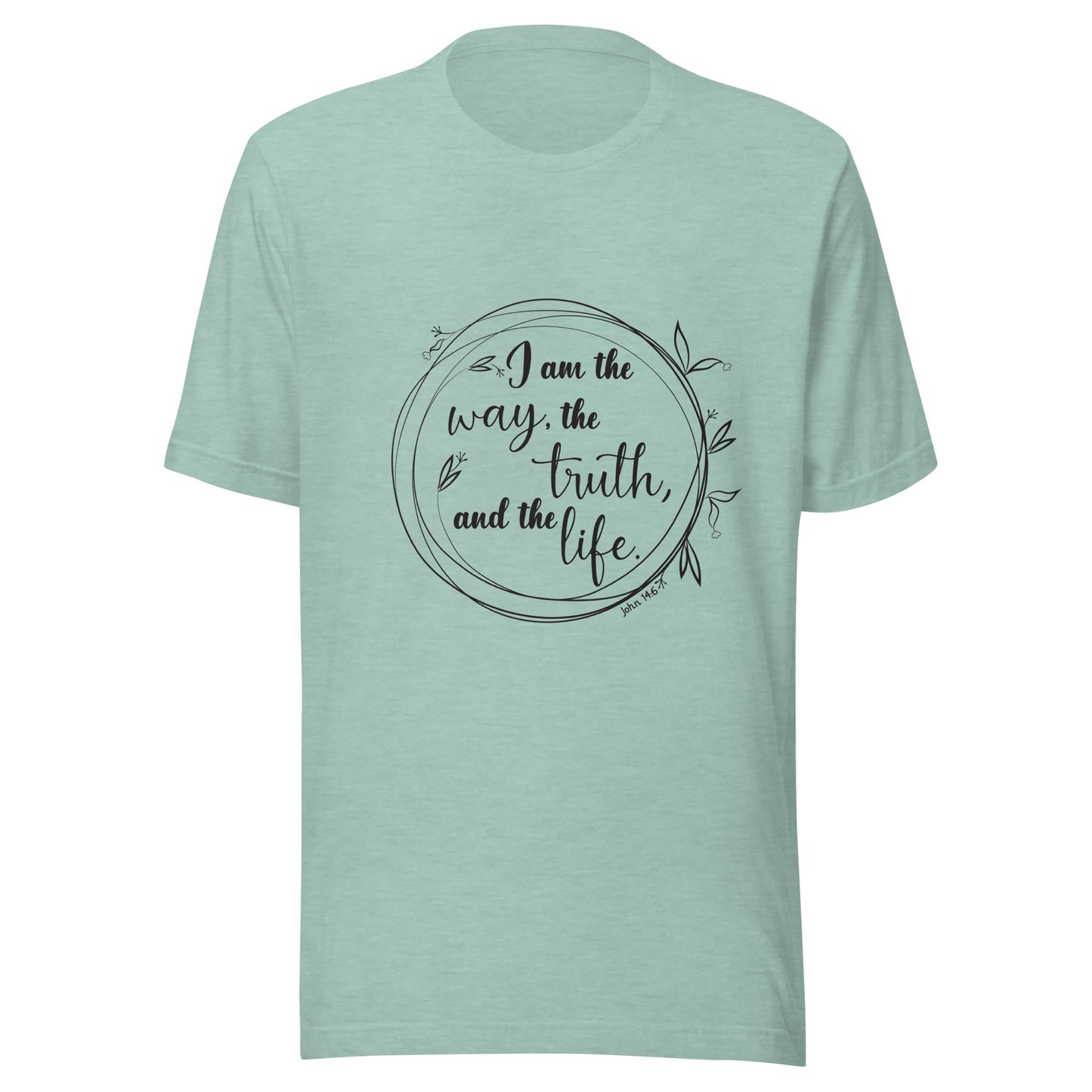 Heather dusty blue unisex short sleeve t-shirt with John 14:6 scripture written in a viney circle.